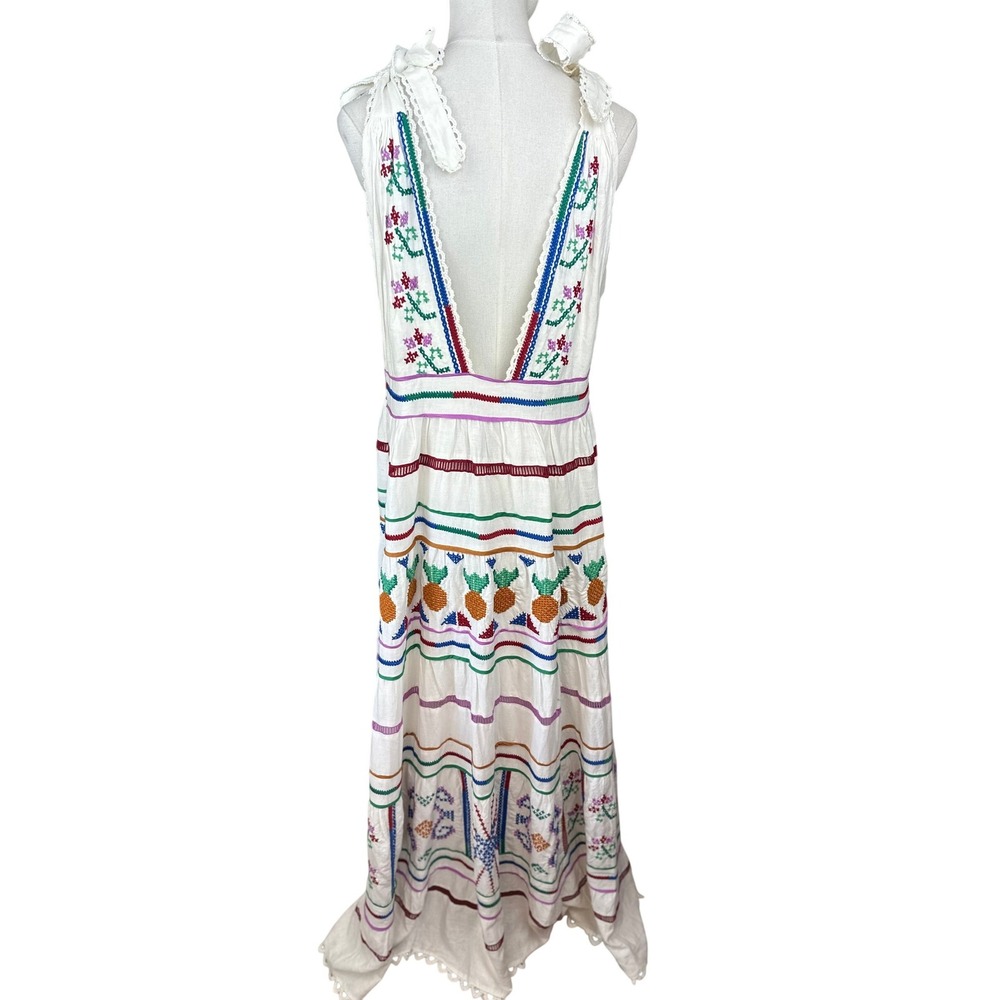 Farm Rio Brazil XL‎ Off White Embroidered lace Pineapple Maxi Dress Tie Shoulder - Picture 6 of 15